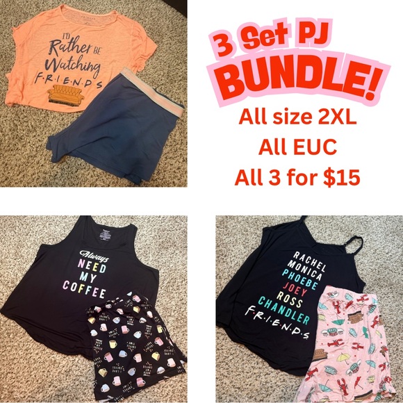 BUNDLE of 3 sets of PJs, 2 are FRIENDS Themed and 1 is COFFEE Themed - Picture 1 of 7